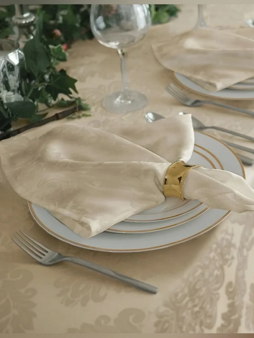 Elegant Cream Table Napkins with Gold Napkin Ring Set of 4